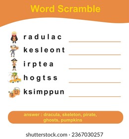 Spelling Word Scramble worksheet. Worksheet for learning English. Educational activity for children. Simple educational printable worksheet. Vector illustration.