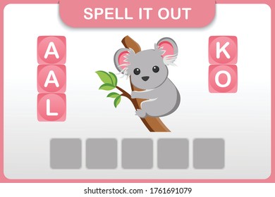 Spelling word and vocabulary worksheet for preschool kids : Koala