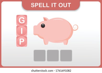 Spelling word and vocabulary worksheet for preschool kids : Pig