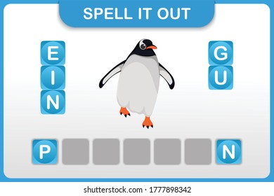 Spelling word and vocabulary worksheet for preschool kids : Penguin 