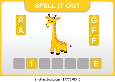 Spelling word and vocabulary worksheet for preschool kids : Giraffe