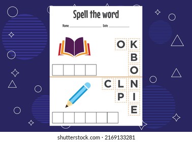 Spelling the word worksheet vector illustration. Spelling game for kids.