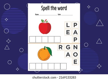 Spelling the word worksheet vector illustration. Spelling game for kids.