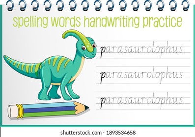 Spelling words dinosaur handwriting practice worksheet illustration