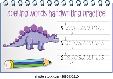 Spelling words dinosaur handwriting practice worksheet illustration