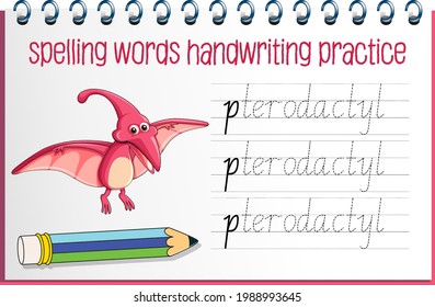 Spelling words dinosaur handwriting practice worksheet illustration