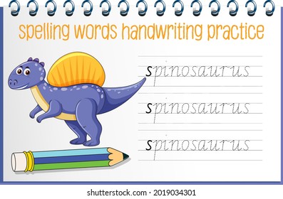 Spelling words dinosaur handwriting practice worksheet illustration