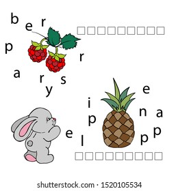 Spelling words. Game for kids. Workbook for preschool education. Learn to write and read. Letters. ABC. Workbook. Add words from letters. 
Raspberry, pineapple.