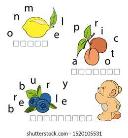 Spelling words. Learn to write and read. Letters. ABC. Game for kids. Workbook for preschool education.  Workbook. Add words from letters. Lemon, abricot. Vector