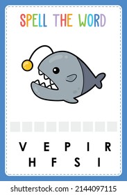 La hoja de cálculo ortográfico encuentra el juego de letras que falta para los niños con peces de mar de palabra