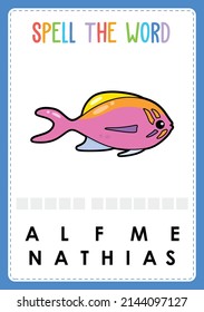 Spelling worksheet find the missing letter game for kids with word sea fish