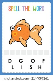 Spelling worksheet find the missing letter game for kids with word sea fish