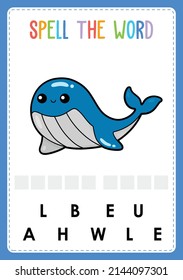 La hoja de cálculo ortográfico encuentra el juego de letras que falta para los niños con peces de mar de palabra