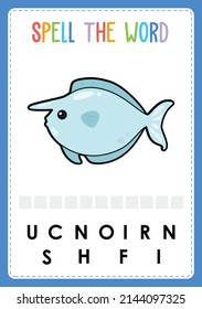 La hoja de cálculo ortográfico encuentra el juego de letras que falta para los niños con peces de mar de palabra