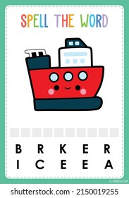 Spelling worksheet find the missing letter game for kids the vehicle word 