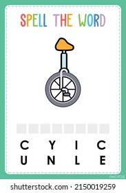 Spelling worksheet find the missing letter game for kids the vehicle word 