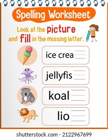 Spelling worksheet template for kids illustration