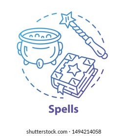 Spells concept icon. Witchcraft and wizardry idea thin line illustration. Wizard, magician equipment, mystic accessories. Witch cauldron, magic wand and spell book vector isolated outline drawing