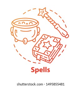 Spells concept icon. Witchcraft and wizardry idea thin line illustration. Wizard, magician equipment, mystic accessories. Witch cauldron, magic wand and grimoire vector isolated outline drawing