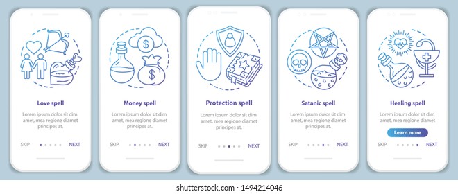 Spells onboarding mobile app page screen vector template. Love, healing, protection magic walkthrough website steps with linear illustrations. UX, UI, GUI smartphone interface concept