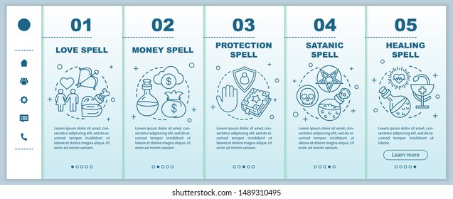 Spells onboarding mobile web pages vector template. Love, healing magic responsive smartphone website interface idea with linear illustrations. Webpage walkthrough step screens. Color concept 
