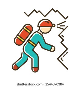 Spelunking color icon. Caving, potholing. Exploring underground caverns. Equipped spelunker, caver. Walking, climbing in caves. Extreme sport. Isolated vector illustration