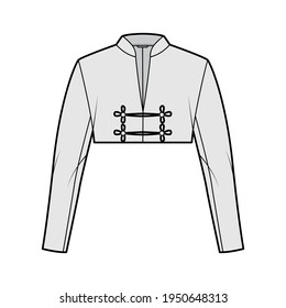 Spencer jacket technical fashion illustration with crop length, long sleeves, stand collar, button frog closure. Flat blazer template front, grey color style. Women, men, unisex top CAD mockup