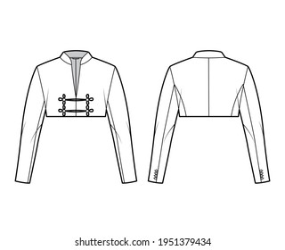 Spencer jacket technical fashion illustration with crop length, long sleeves, stand collar, button frog closure. Flat blazer template front, back, white color style. Women, men, unisex top CAD mockup