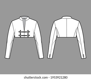 Spencer jacket technical fashion illustration with crop length, long sleeves, stand collar, button frog closure. Flat blazer template front, back, white color style. Women, men, unisex top CAD mockup