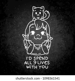Spend all 9 lives with you. Cute cartoon kids. Vector and illustration.