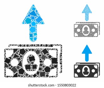 Spend banknotes composition of raggy items in variable sizes and color tints, based on spend banknotes icon. Vector joggly items are combined into collage.