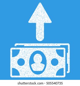 Spend Banknotes grainy textured icon for overlay watermark stamps. Flat symbol with scratched texture. Dotted vector white ink rubber seal stamp with grunge design on a blue background.