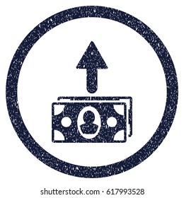 Spend Banknotes grainy textured icon inside circle for overlay watermark stamps. Flat symbol with dust texture. Circled vector indigo blue rubber seal stamp with grunge design.