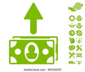 Spend Banknotes icon with bonus tools graphic icons. Vector illustration style is flat iconic symbols, eco green color, white background.