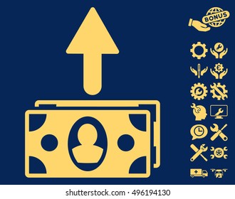 Spend Banknotes icon with bonus tools graphic icons. Vector illustration style is flat iconic symbols, yellow color, blue background.