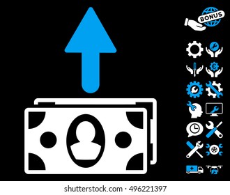 Spend Banknotes icon with bonus tools pictures. Vector illustration style is flat iconic bicolor symbols, blue and white colors, black background.