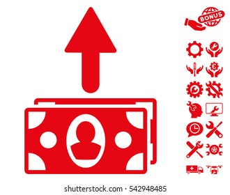 Spend Banknotes icon with bonus tools pictures. Vector illustration style is flat iconic symbols, red color, white background.