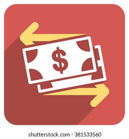 Spend Banknotes long shadow vector icon. Style is a flat symbol on a red rounded square button.