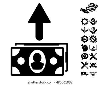 Spend Banknotes pictograph with bonus tools symbols. Vector illustration style is flat iconic symbols, black color, white background.