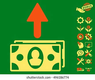 Spend Banknotes pictograph with bonus tools icon set. Vector illustration style is flat iconic bicolor symbols, orange and yellow colors, green background.