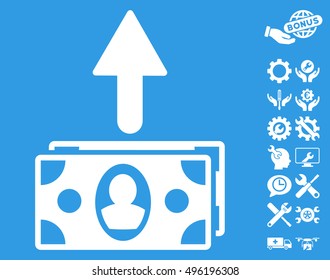 Spend Banknotes pictograph with bonus tools pictogram. Vector illustration style is flat iconic symbols, white color, blue background.