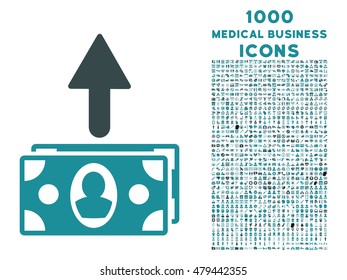 Spend Banknotes vector bicolor icon with 1000 medical business icons. Set style is flat pictograms, soft blue colors, white background.