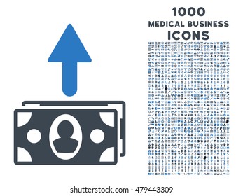 Spend Banknotes vector bicolor icon with 1000 medical business icons. Set style is flat pictograms, smooth blue colors, white background.