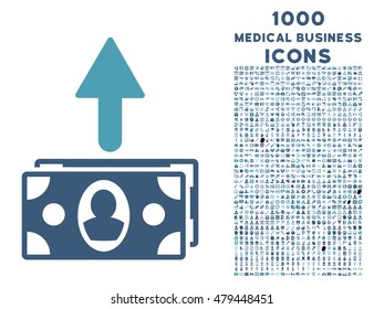 Spend Banknotes vector bicolor icon with 1000 medical business icons. Set style is flat pictograms, cyan and blue colors, white background.