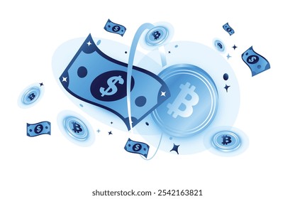 Spend cash and crypto token blockchain  on web3 economy gateway network technology illustration in vector art