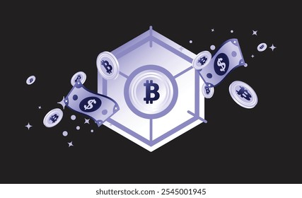 Spend cash and crypto token blockchain  on web3 economy gateway network technology illustration in vector art