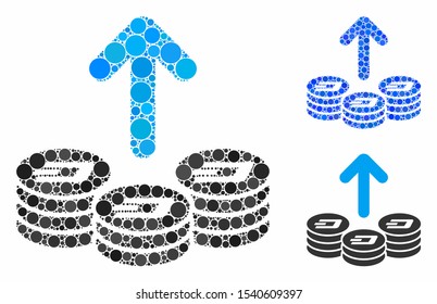 Spend Dash coins composition of filled circles in variable sizes and color tones, based on spend Dash coins icon. Vector filled circles are united into blue mosaic.