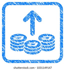 Spend Dash Coins rubber seal stamp imitation. Icon vector symbol with grunge design and corrosion texture in rounded squared frame. Scratched blue emblem on a white background.