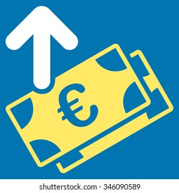 Spend Euro Banknotes vector icon. Style is bicolor flat symbol, yellow and white colors, rounded angles, blue background.