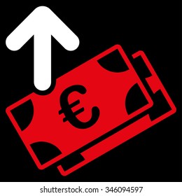 Spend Euro Banknotes vector icon. Style is bicolor flat symbol, red and white colors, rounded angles, black background.